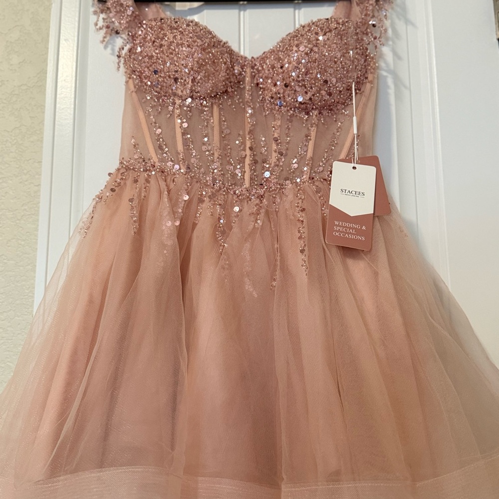 Stacees‎ Dusty Pink Beaded Corset Tulle Cocktail Dress Lace Up Back Size 10 NWT